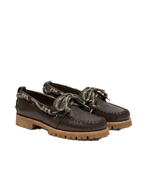 Mocassino Cruise donna in pelle verde scuro con laccio trekking color grigio tortora e trama floreale in rilievo Golden Goose | GWF01048.F008807.35567DARK GREEN